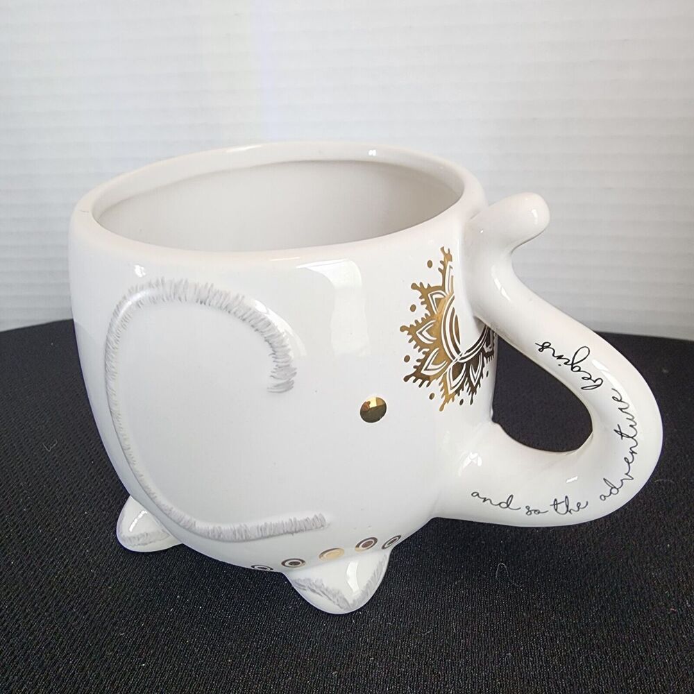 Tri Costal Designs Elephant Mug Trunk Up Handle Good Luck Gold Accent Paint